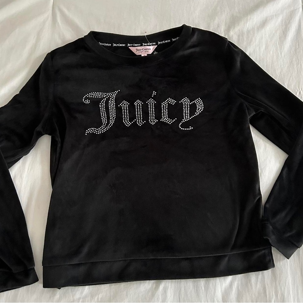 Juicy Couture Rhinestone Black Velour Velvet Soft Longsleeve Top